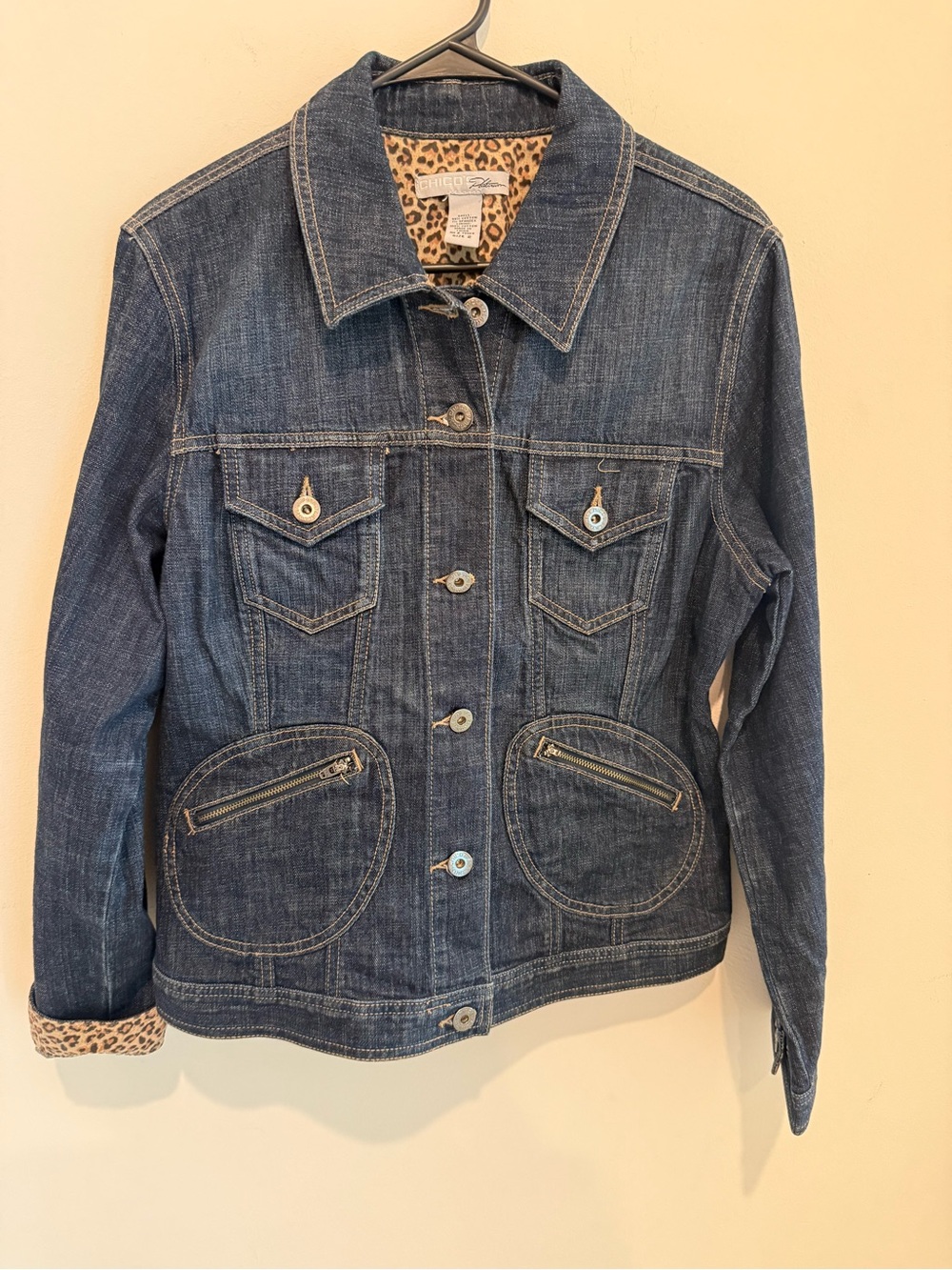 Chico's Dark Blue Denim Jacket with Leopard Accents